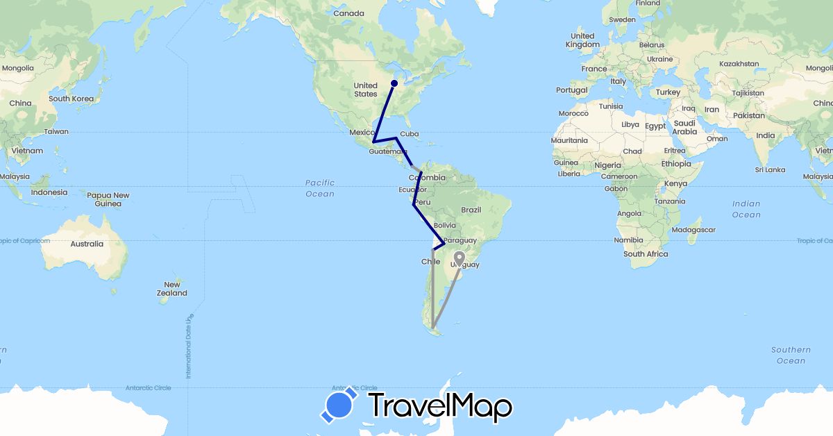 TravelMap itinerary: driving, plane in Argentina, Chile, Colombia, Mexico, Panama, Peru, United States (North America, South America)